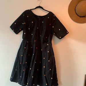 Rainbow polka dot black linen dress